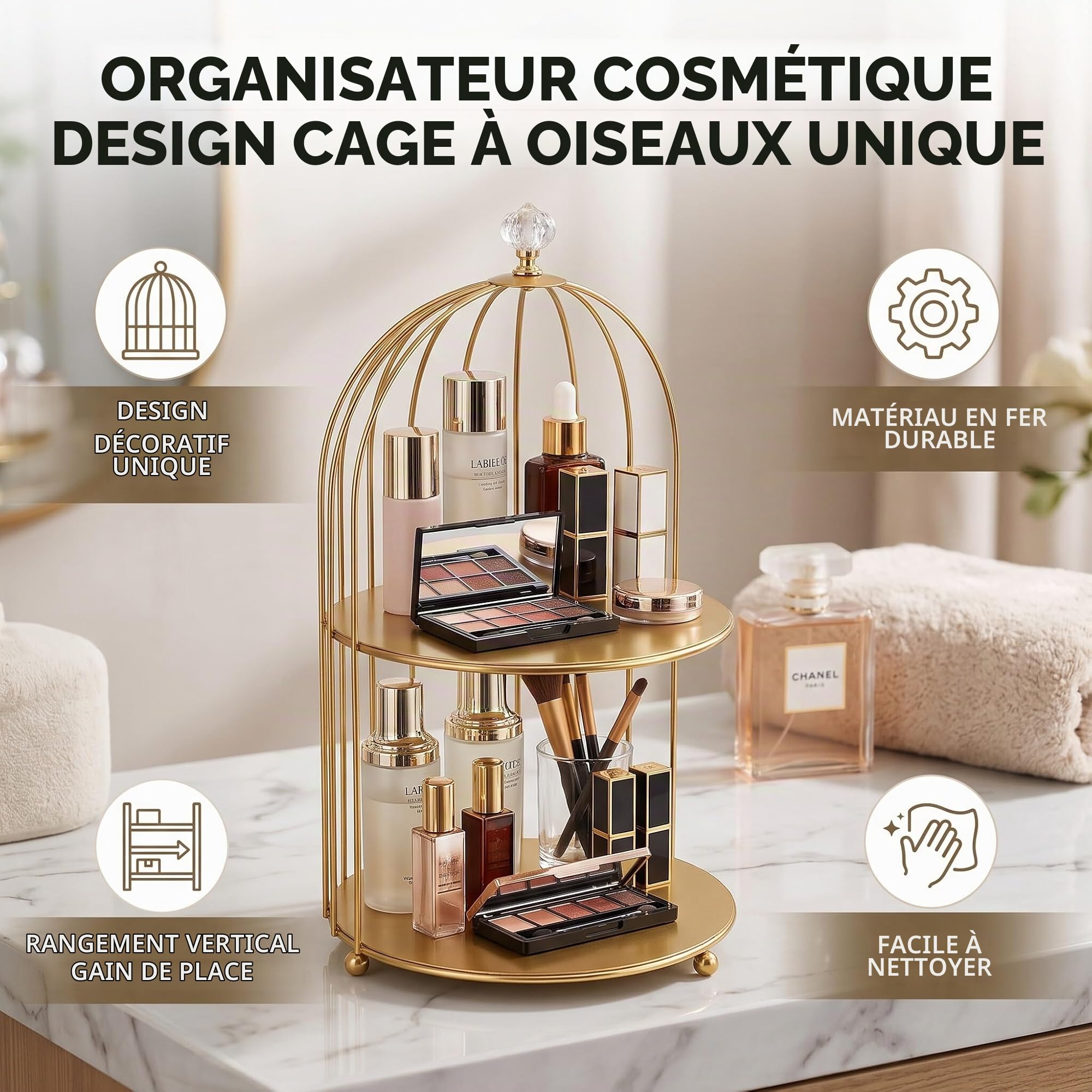 Organisateur Cosmétique de Cage à Oiseaux, Présentoir de Maquillage Peu Encombrant en Fer doré pour Salle de Bain (Doubles Couches)