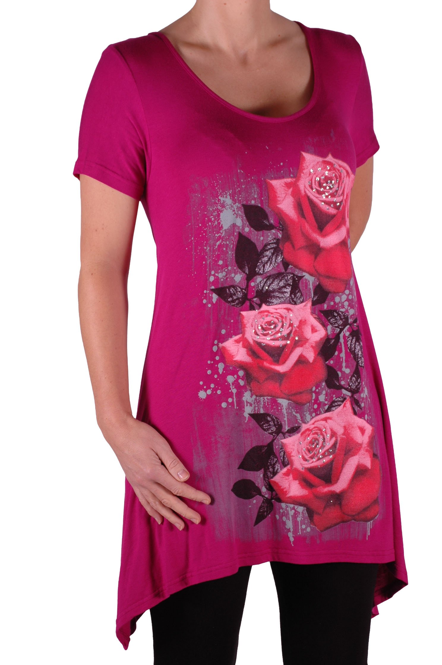 Eye Catch Plus - Tulip Long Draped Ladies Rose Motif Short Sleeve Stretch Top - Comfortable and Adjustable - Sizes 14-28