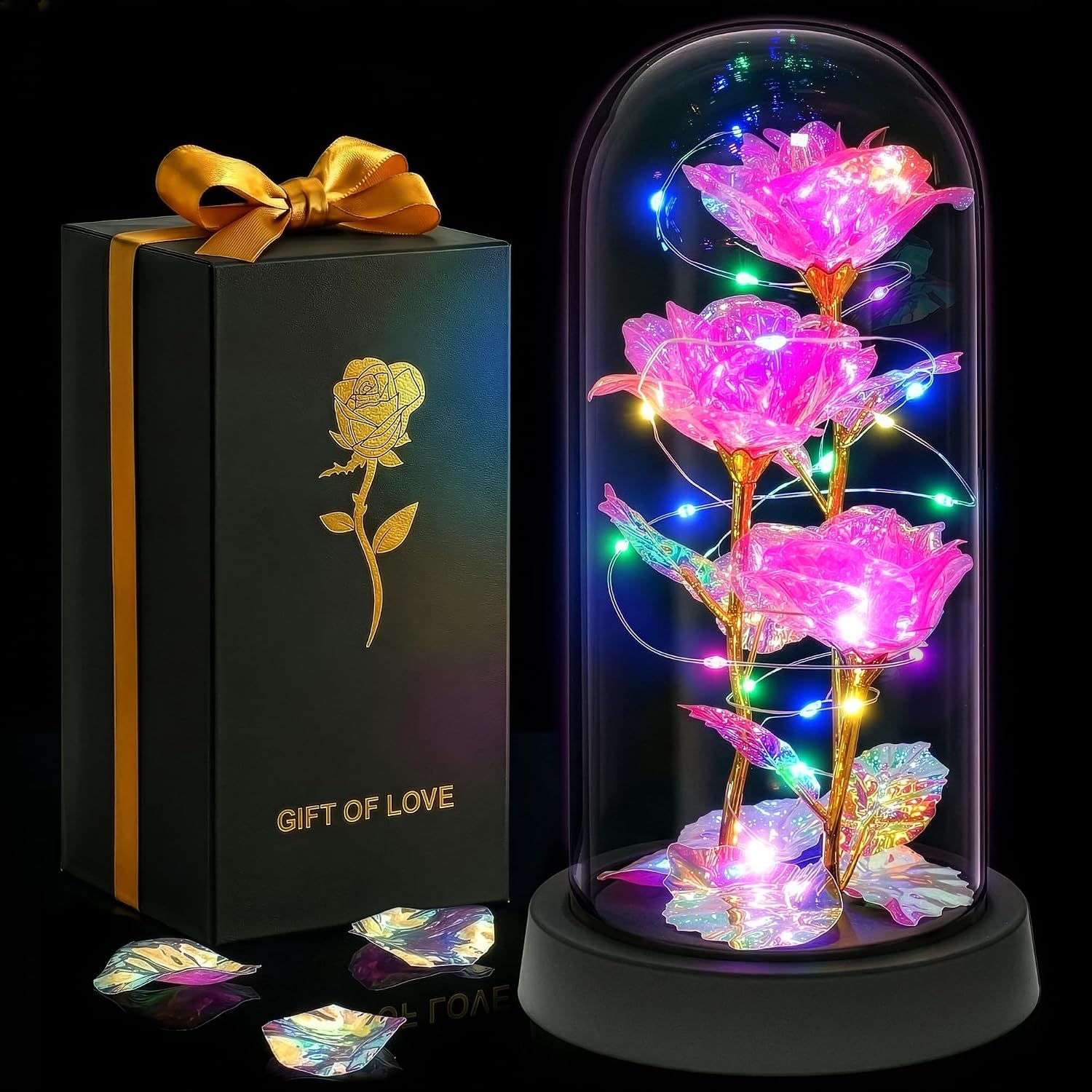 Rose in Glass Dome in Gift Box, LED Light Up, Battery Powered (Pink)