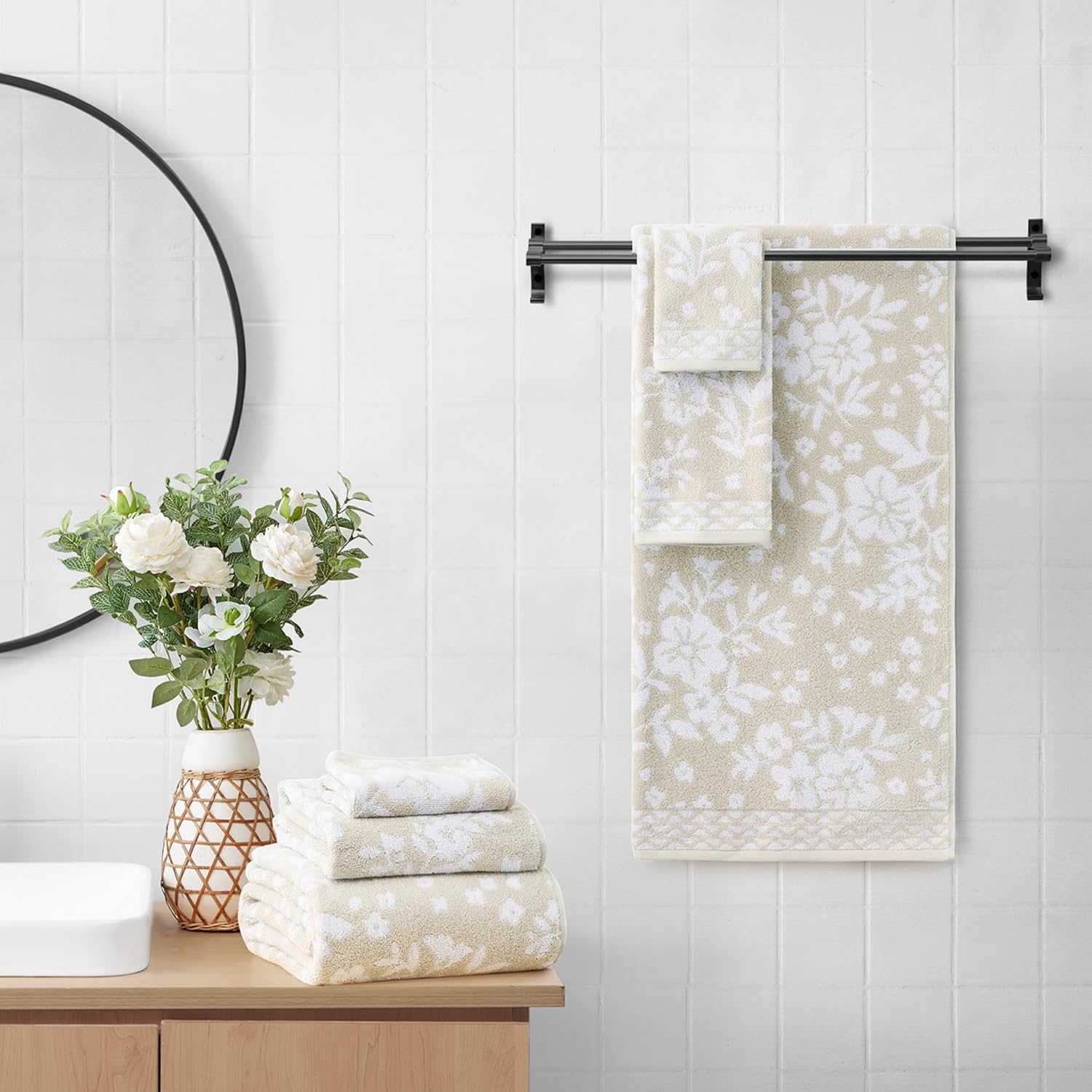 Lucky Brand Folk Floral 6 Piece Bath Towel Set - (2) Bath Towels, (2) Hand Towels, and (2) Washcloths - Beige Taupe Premium Bathroom Towel Set