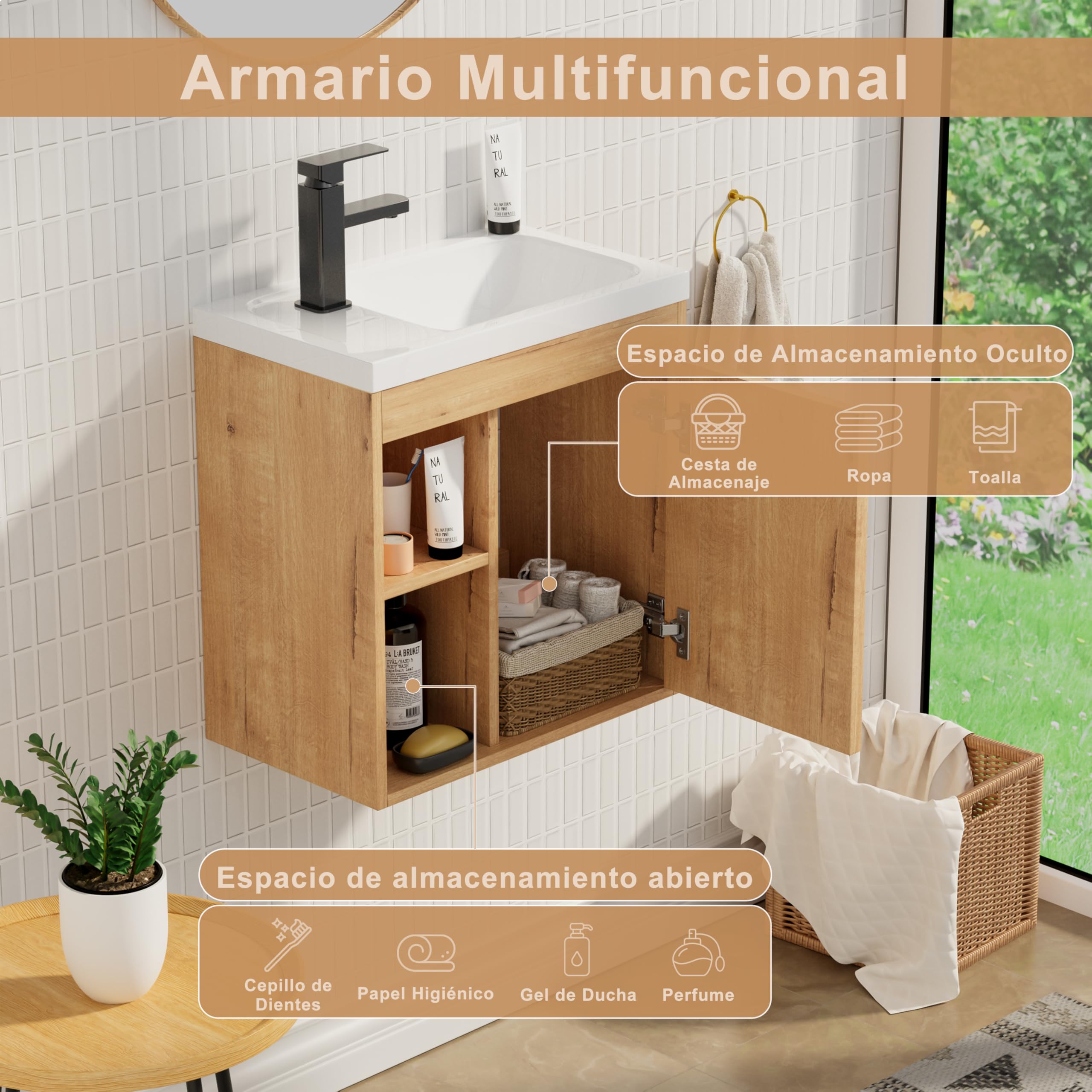 UEV Mueble de Baño con Lavabo de Resina, Mueble de Baño Suspendido con Diseño Único y Practicidad, Modelo de Madera Natural, 50,5 x 30 x 50 cm, Natural