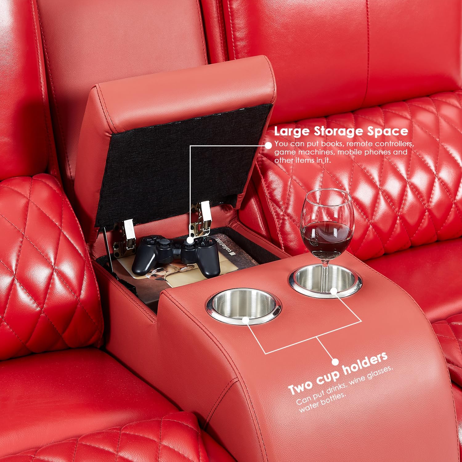 Weilianda Center Storage Console for Home Theater Seating Recliner Sofa Top Grain Leather Built-in Metal Cup Holders Spacious Storage Compartment Red