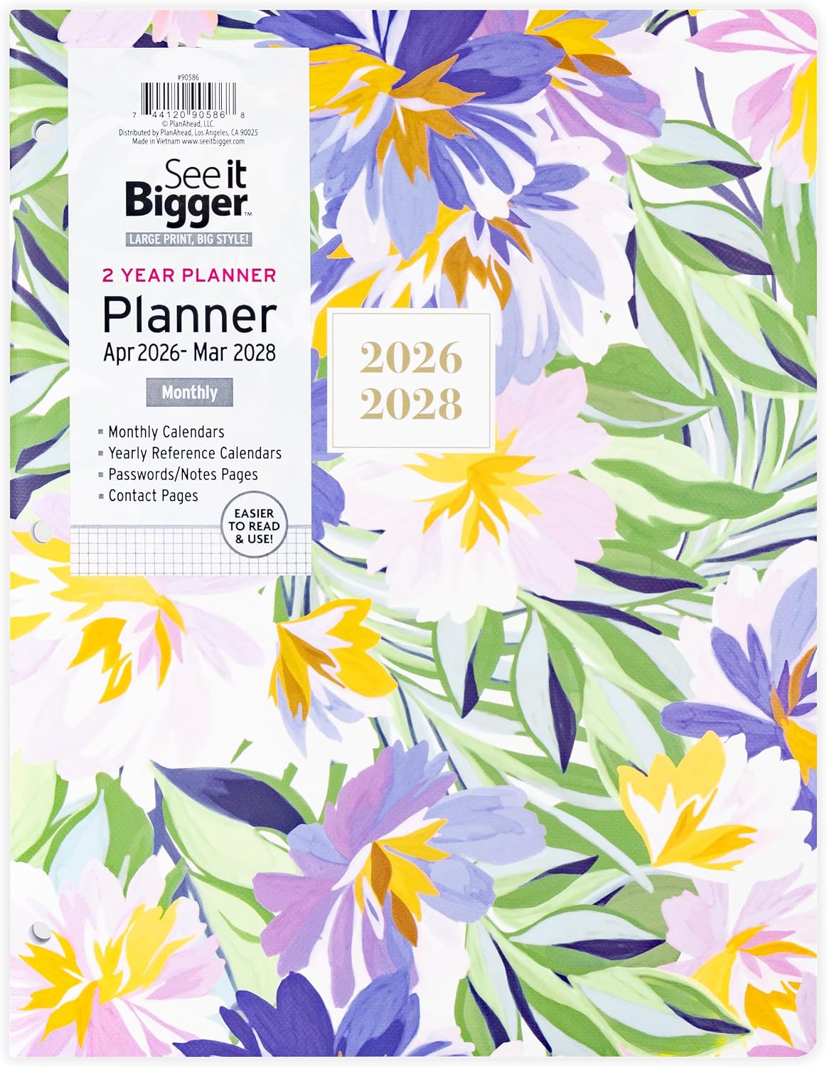 PlanAhead Large 2026-2028 Planner - 8.5"x11" - 2 Year Weekly & Monthly Academic Planner Notebook with Tabs - Fashion Floral Design - Spiral Calendar Agenda for School, Work & Office