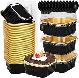 selizo 60 Pack 5oz Mini Disposable Cake Pans with Lids, Aluminum Foil Square Baking Cups, 3.5x3.5 Small Baking Cake Tins Cup Cake Containers with Lids for Individual Cakes, Black
