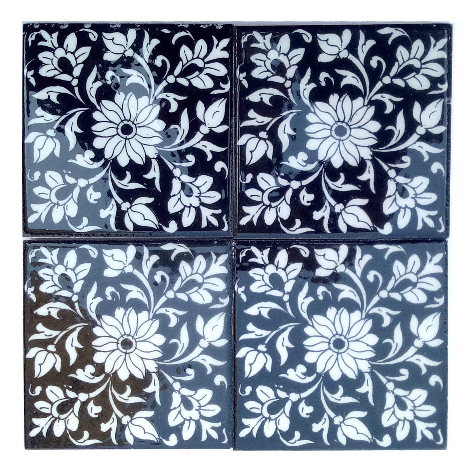 Home Decor Tile Ceramic High Lighter Wall Bathroom Tiles 4 x 4 Inch Set of 4 Tiles (Black & White)