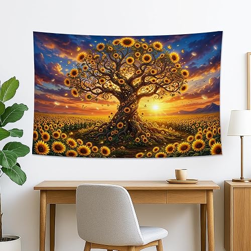 Sunflower Tree Tapestry, Vibrant Yellow Floral Wall Hanging, Nature Aesthetic for Living Room, Bedroom, Bohemian Decor 60x40 Inch - yellow - 60x40 Inch