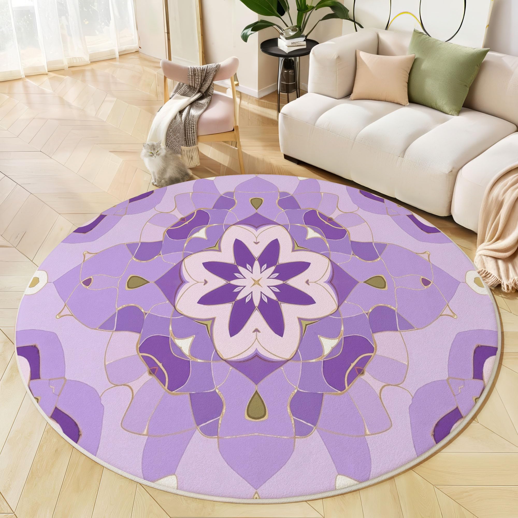 Tapis rond doux géométrique lavande antidérapant poils ras salon 80 cm