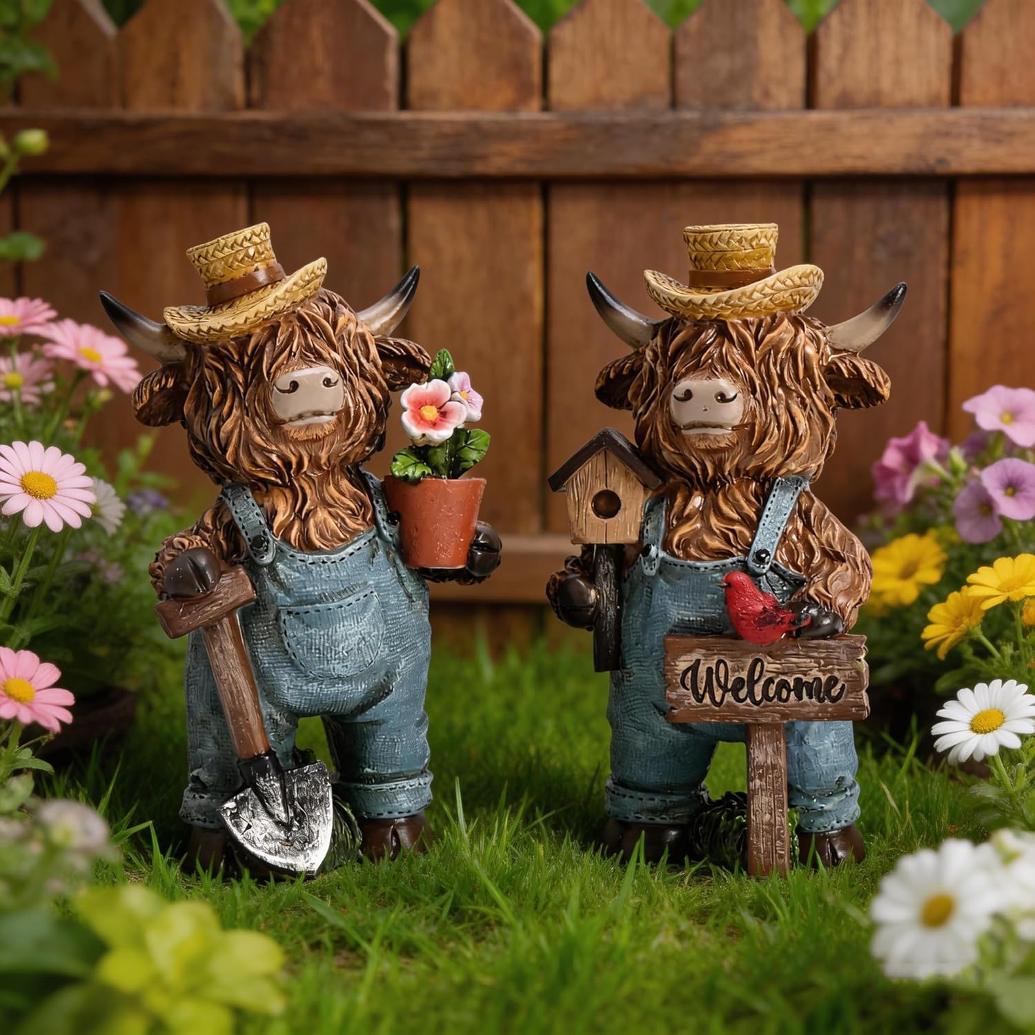 TERESA'S COLLECTIONS Highland Cow Garden Decor,High Mountain Yak Yard Decorations Outdoor,Dungarees Cardinal Welcome Resin Outdoor Statues for Patio Porch Lawn,Gifts for Mom Dad 2Pcs 6"