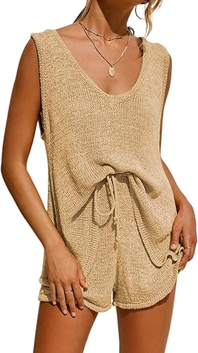 Faleave Women's Two Piece Outfits Knit Sweater Sets V-Neck Sleeveless Tank Top a