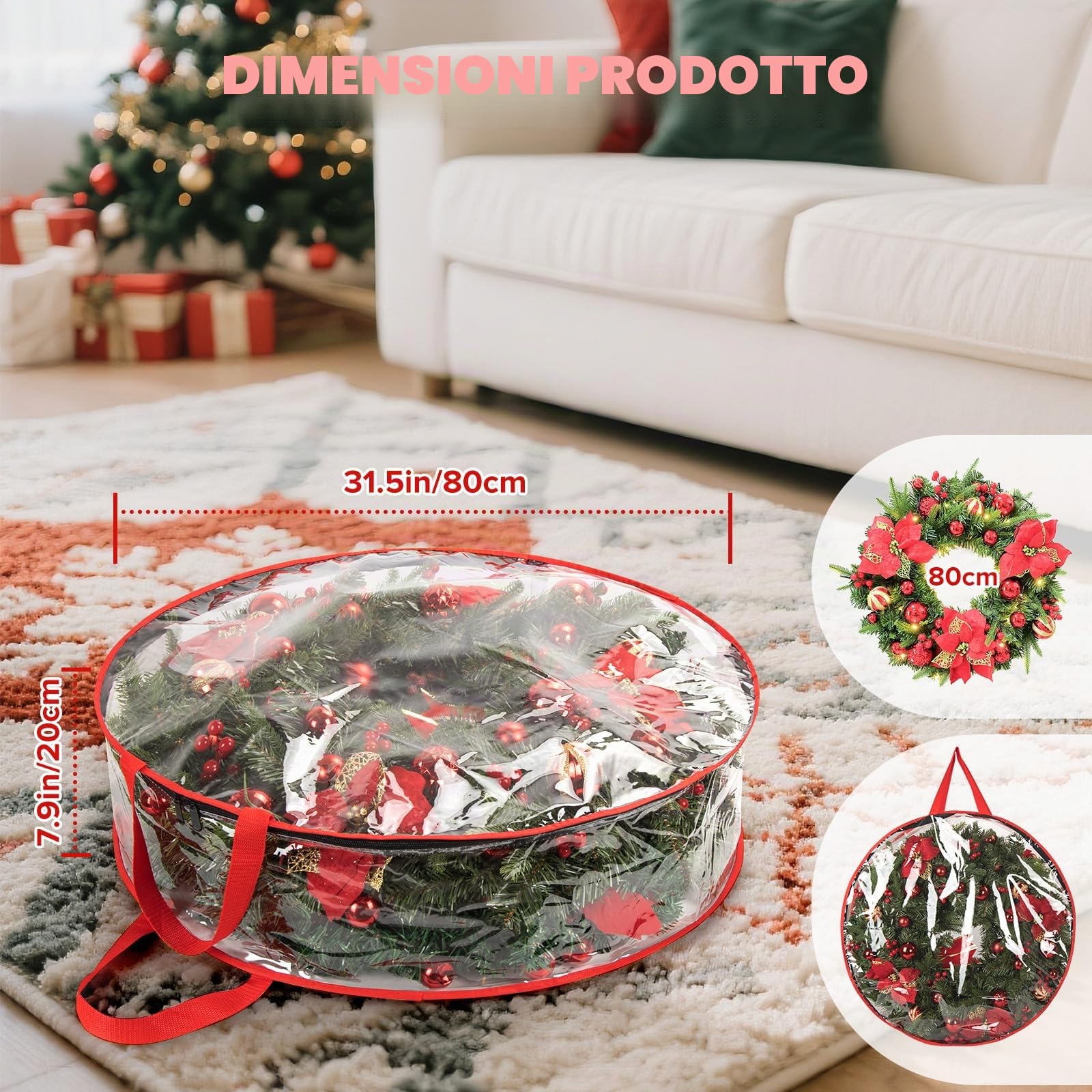 Confezione da 3 sacchetti portaoggetti per ghirlande natalizie, 76 x 20 cm, grandi, rotondi, in PVC trasparente con doppia cerniera, contenitore resistente per ghirlande, ghirlande e decorazioni