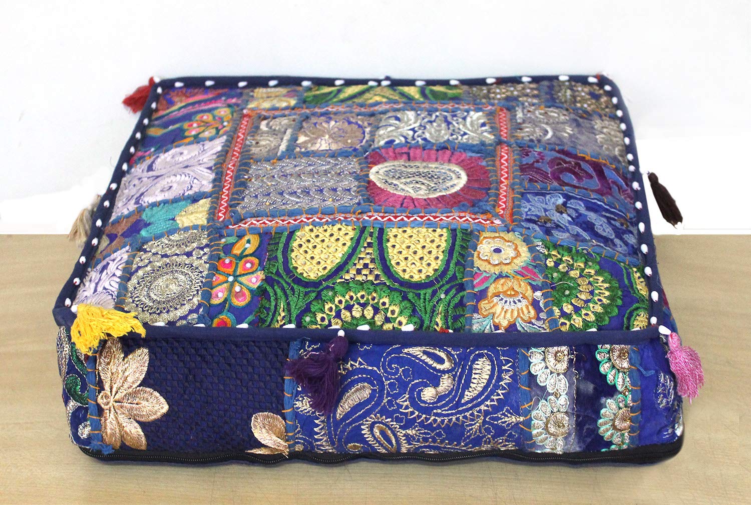 CRAFT KALA Indian Square Patchwork Traditional Pouf Cover Indian Living Room Poufs Decorative Embroidered Designer Ottoman Home Living Footstool Chair Cover Decor Pillow Cover 16x16x5 inches, Blue