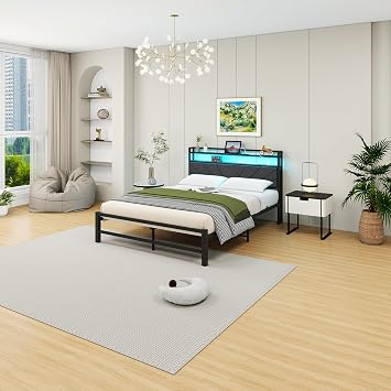 HOMERECOMMEND King Bed Frames with Upholstered Storage Shelf and LED Lights