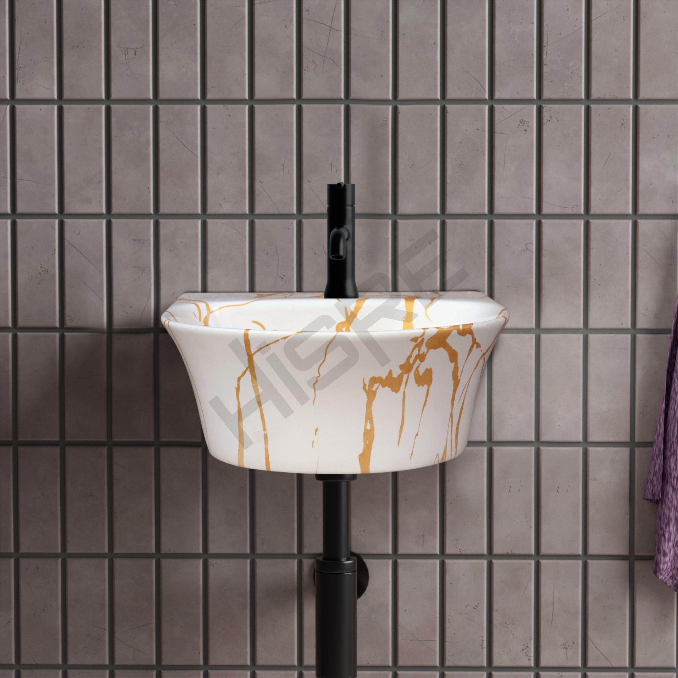 HISRE Wall Mount Wash Basin | Modern White and Golden Marble Design Ceramic Sink | Compact Rectangular Bathroom Basin for Home, Office & Hotels, photo 3 of 5