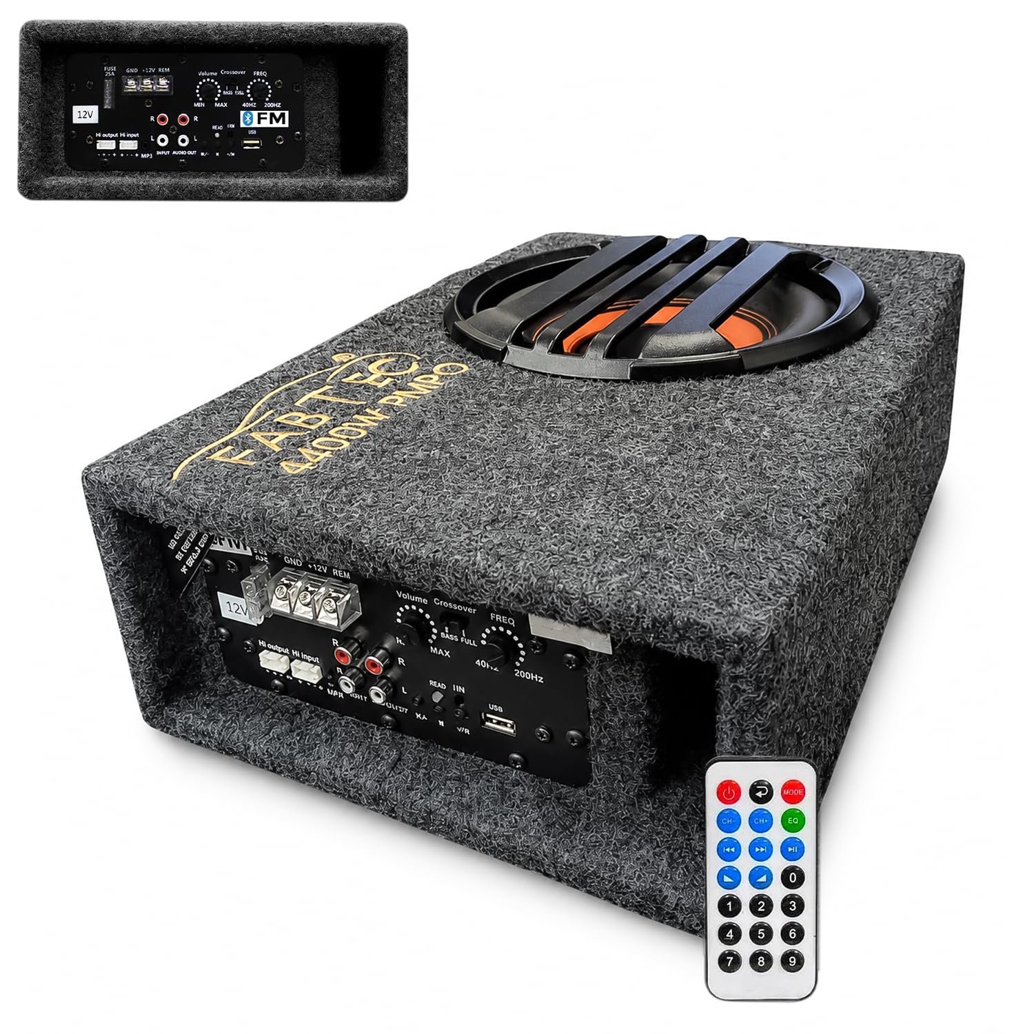 FABTEC 8 Inch Underseat Active Car Subwoofer with Built-in Amplifier, Bluetooth, USB & FM Support, Deep Bass Audio System(200W RMS)-image-4