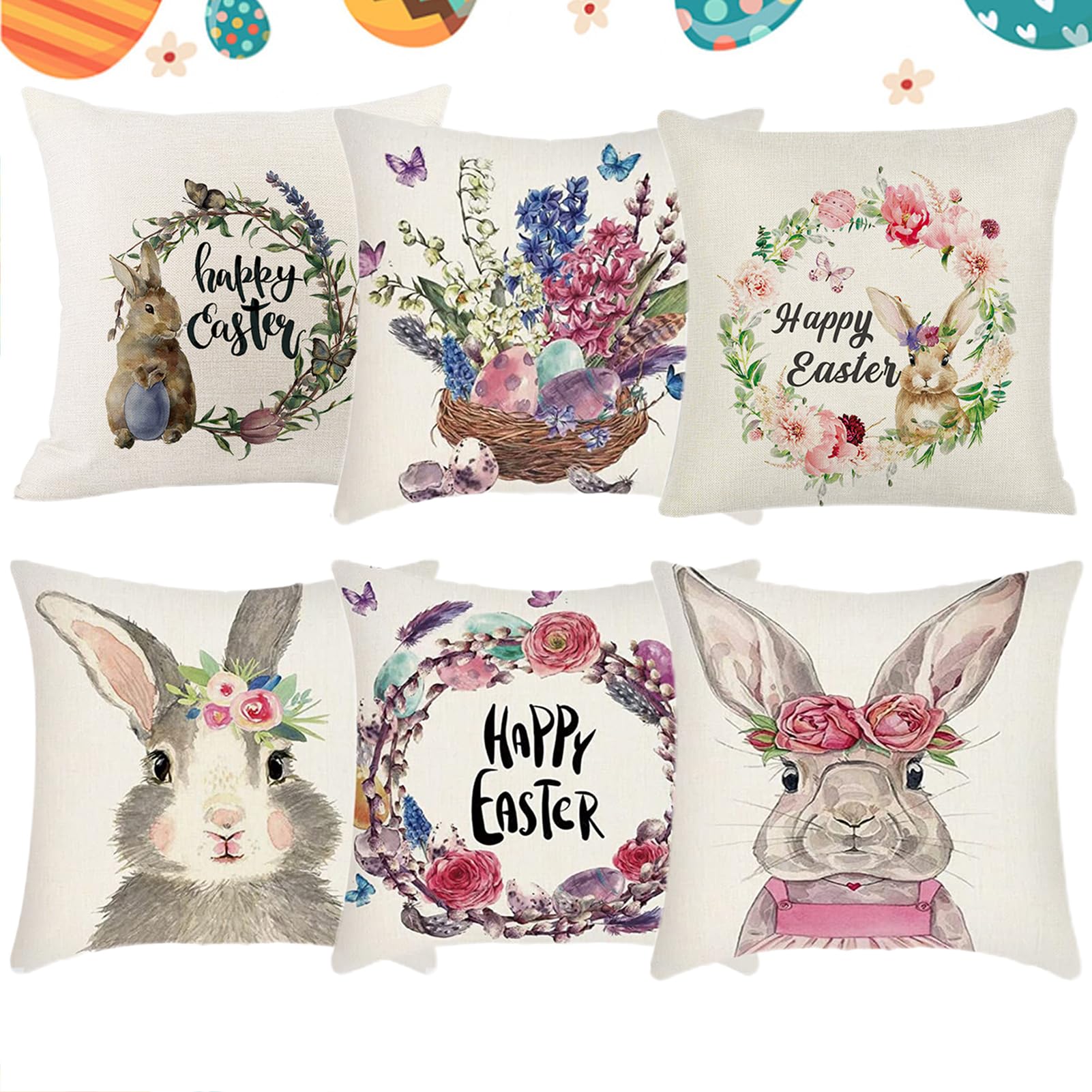forhome Set Di 4 Federe Per Cuscino Pasquale 45 x 45 Cm Coniglietti Di Pasqua Federe,Decorazione Pasquale In Lino Per Divano o Decorazione Della Casa