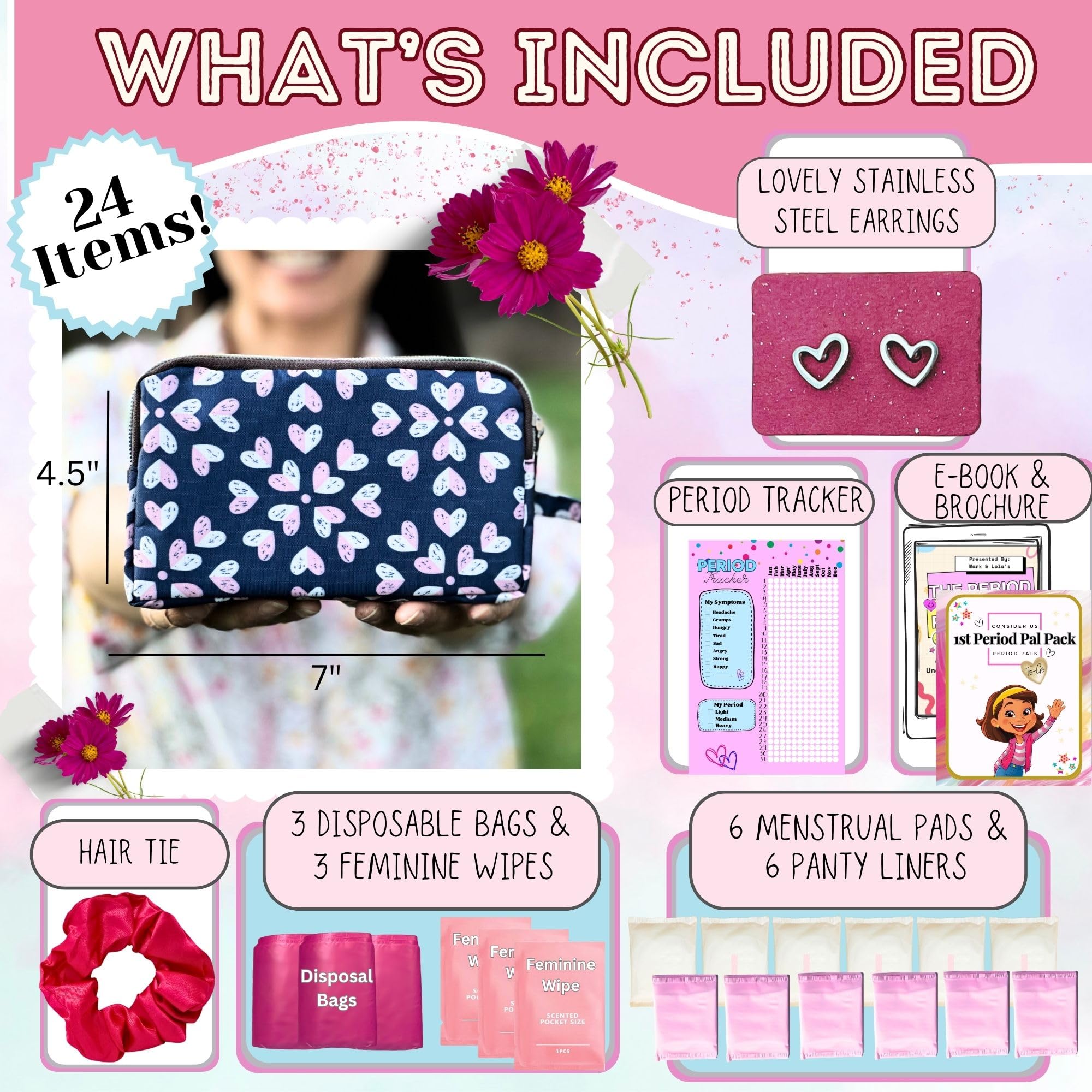 Mark and Lola's First Period Pal Pack to Go Kit | 26-teiliges Set für die erste Periode für Tweens | Teen Periode Kit | Diskrete Periode Tasche, Pads, Slipeinlagen, Perioden Kits für Tweens 10-12