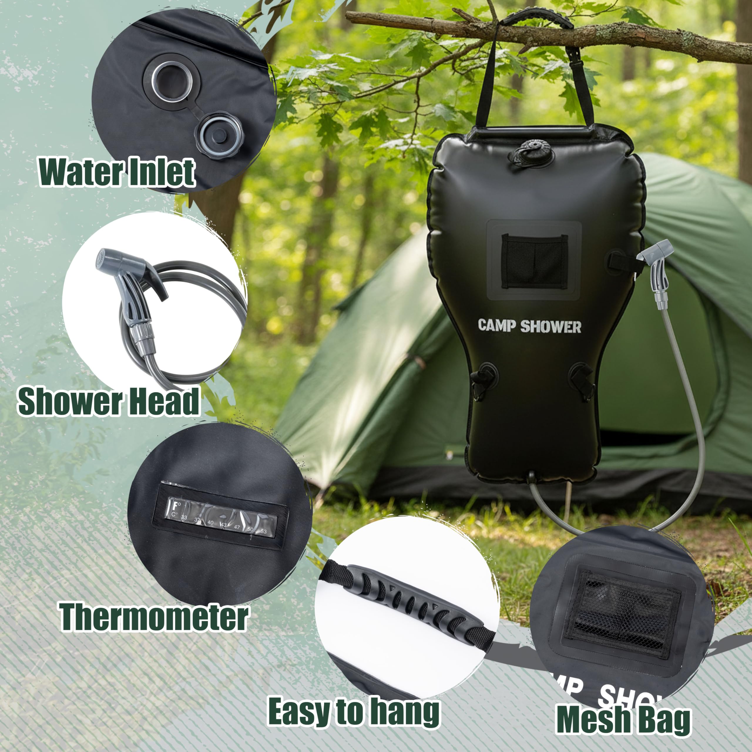 Doccia portatile per campeggio con grande flusso d'acqua da 25 litri, borsa da doccia da campeggio, accessori con tubo rimovibile e soffione per doccia commutabile on-off per escursionismo
