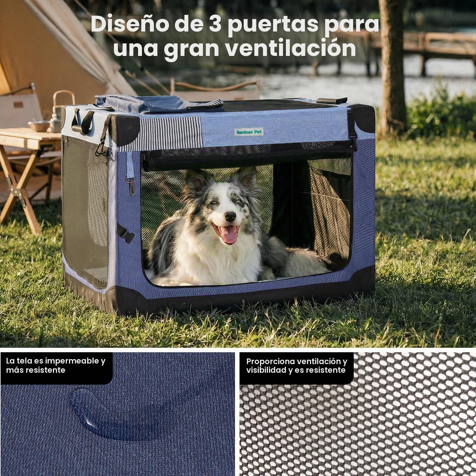 Gardner Pet Transportín Perro Grande,M-76x53x53cm-Azul | Plegable, 3 Puertas, Ventanas de Malla Resistente, Bolsa de Almacenamiento, Para Perros y Gatos