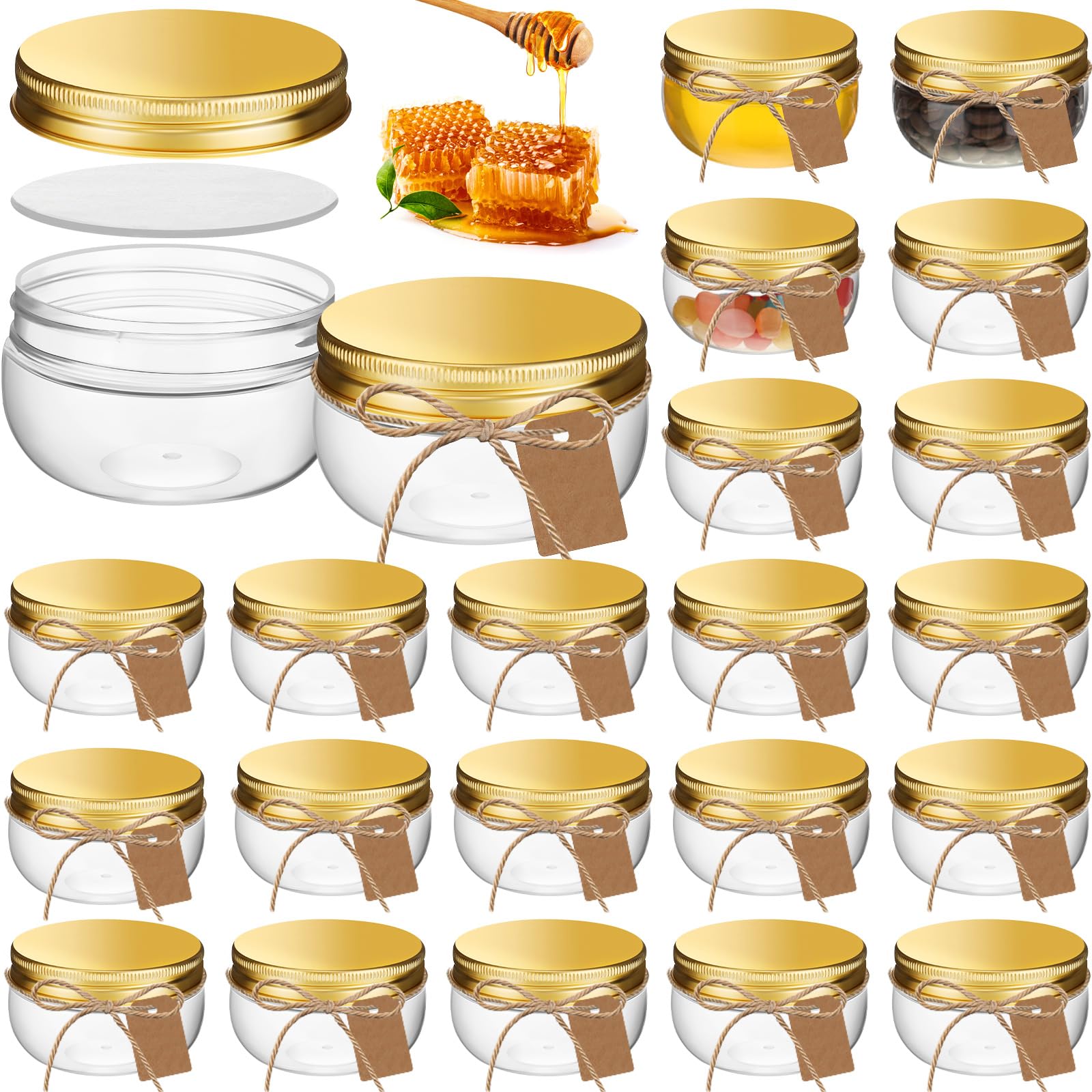 Suclain 24 Pcs 3 oz Mini Wide Mouth Plastic Jars with Lids Small Canning Yogurt Jars and Tags for Jelly, Jams, Honey, Spice, Wedding Favors. Included