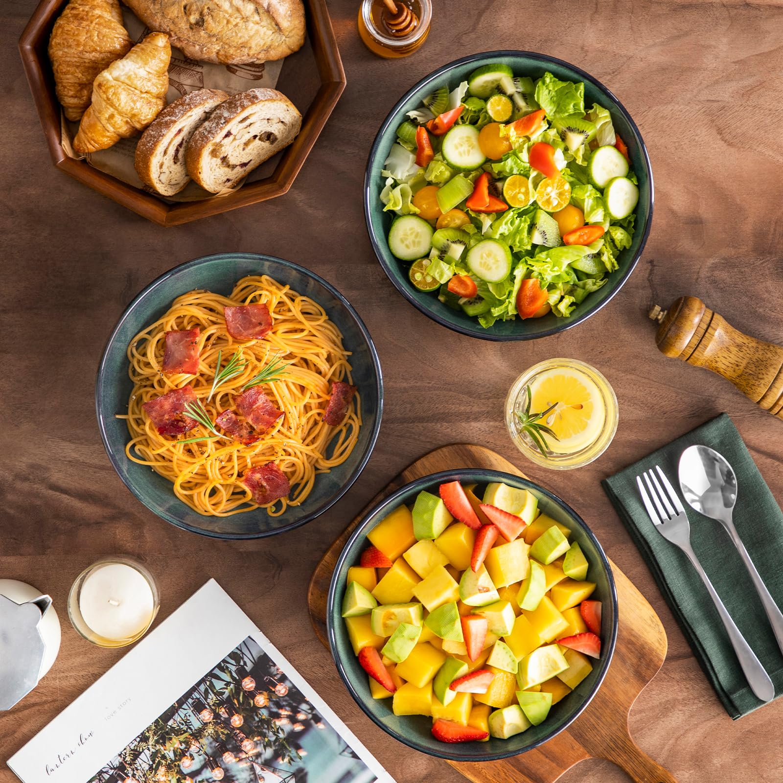 vancasso STERN 4 Cuencos para Pasta, 1140 ml, Ensaladas de Gres, Platos Hondos de Cena, Apto para Lavavajillas y Microondas, Esmaltado Reactivo Verde