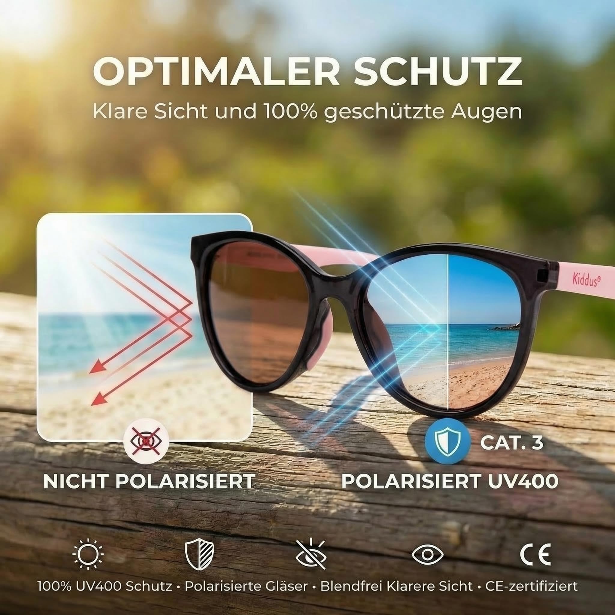 Kiddus Kindersonnenbrille Mädchen 4-8 Jahre, Sonnenbrille Kinder Polarisiert UV400 CAT3, TR90 Rahmen Flexibel, TPE Bügel, Silikon Nasensteg, CE ISO REACH