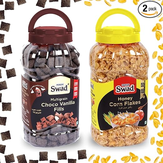 Swad Honey Corn Flakes & Choco Vanilla Fills (Wholegrain Chocolate healthy children Snack Cereal) 2 Jars, 650 g