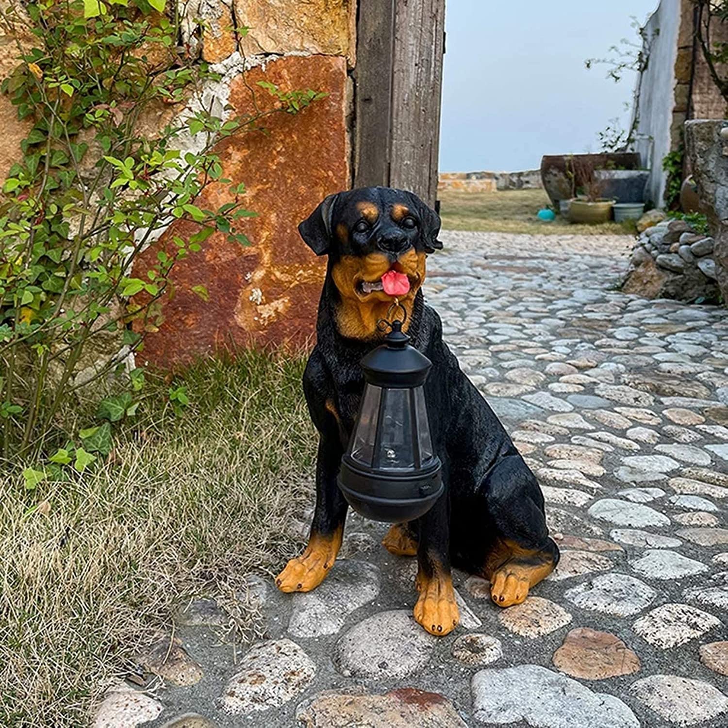 Adorno De Jardín para Perros Al Aire Libre Con Luz Solar, Estatua De Exterior Rottweiler, Estatuas De Jardín De Perro Realistas Con Luz, Luz Solar De Paisaje Del Césped