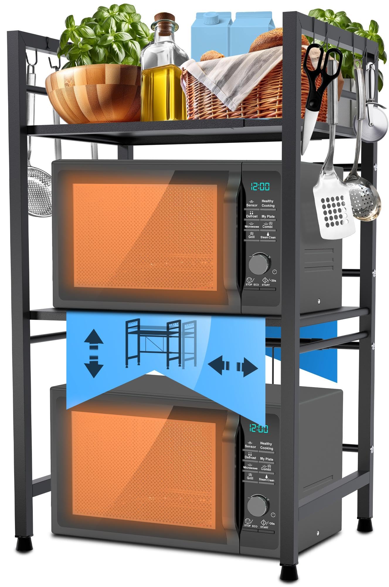 CLP Scaffale per microonde Marana verticale a più livelli I Larghezza variabile I Ideale per il piano di lavoro in cucina, Colore:nero, Dimensione:3 stadi