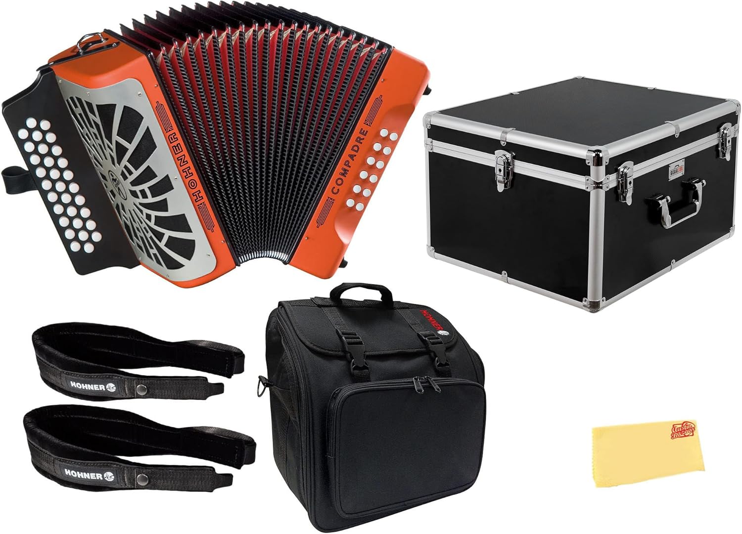 Hohner Compadre FBbEb 3-Row Diatonic Accordion - Orange Bundle with Adjustable Straps, Gig Bag, Hard Case and Austin Bazaar Polishing Cloth