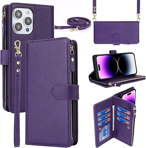 iCoverCase Funda cruzada compatible con iPhone 15 Pro Max con correa, funda tipo cartera para teléfono, tarjetero (no desmontable), funda de piel