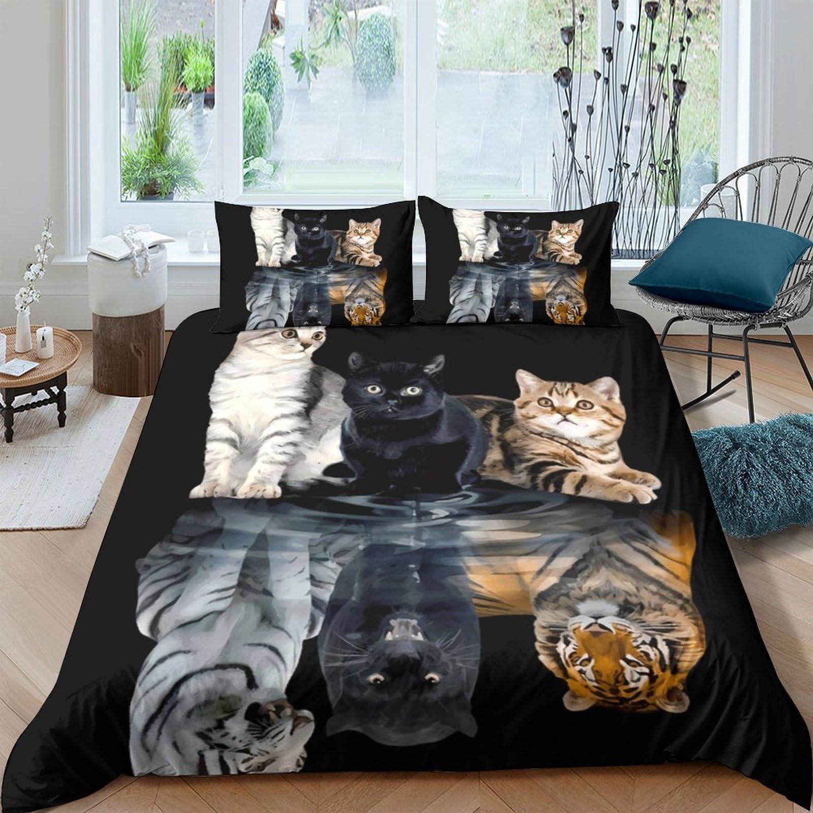 P5V6M1Q9 3D Printed Cat Reflection Duvet Cover Microfiber Soft Breathable Tiger Quilt Cover Set with 2 Pillowcases for Bedroom Decor, Black Single（135x200cm）