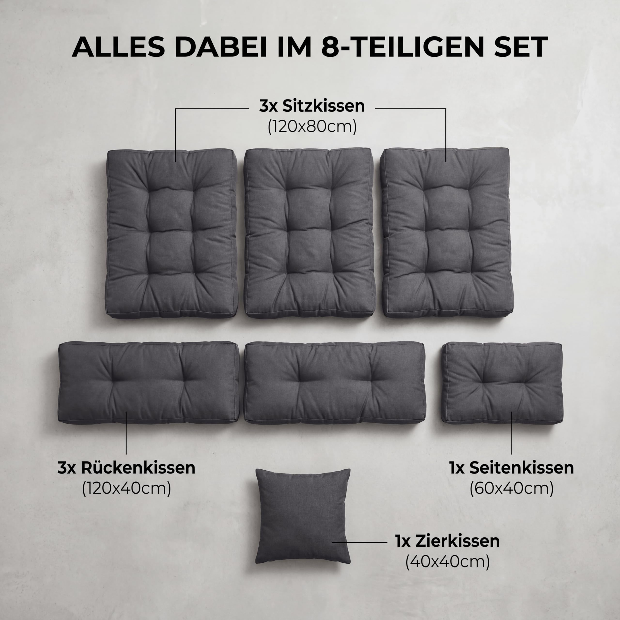Wool & Home Palettenkissen Set für Gartenmöbel, 8-Teilig, Gesteppt, mit Polsterschaumfüllung, für Lounge, Palettensofa, Terrasse, Balkon und Garten Anthrazit