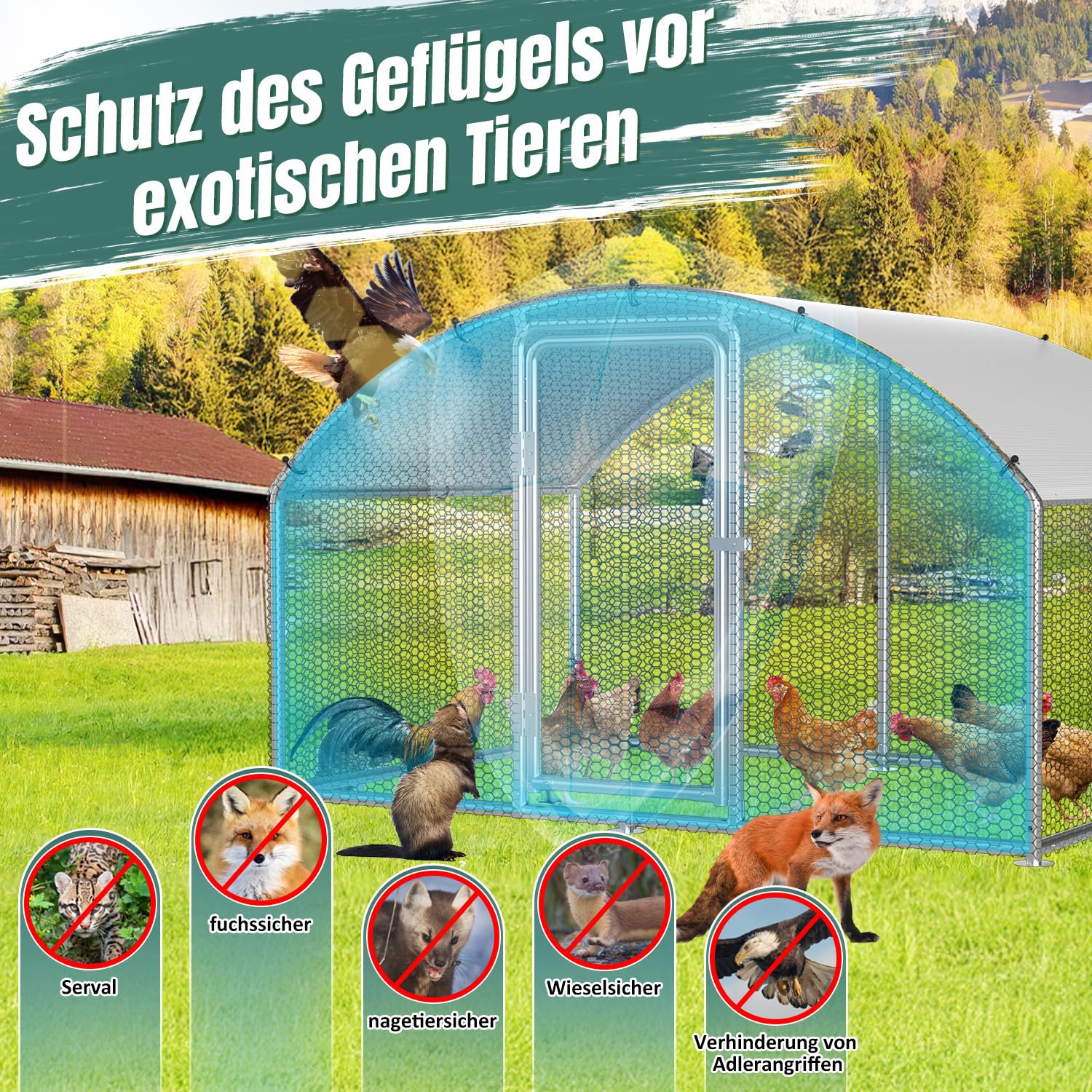 Freilaufgehege Hühnerstall, 3x6x2m Hühnerhaus Kleintierstall mit Sicherheitsschloss und Wasserdichtes Abdeckung, Kuppeldach Freigehege für Hühner,Vogelkäfig, Pflanzen