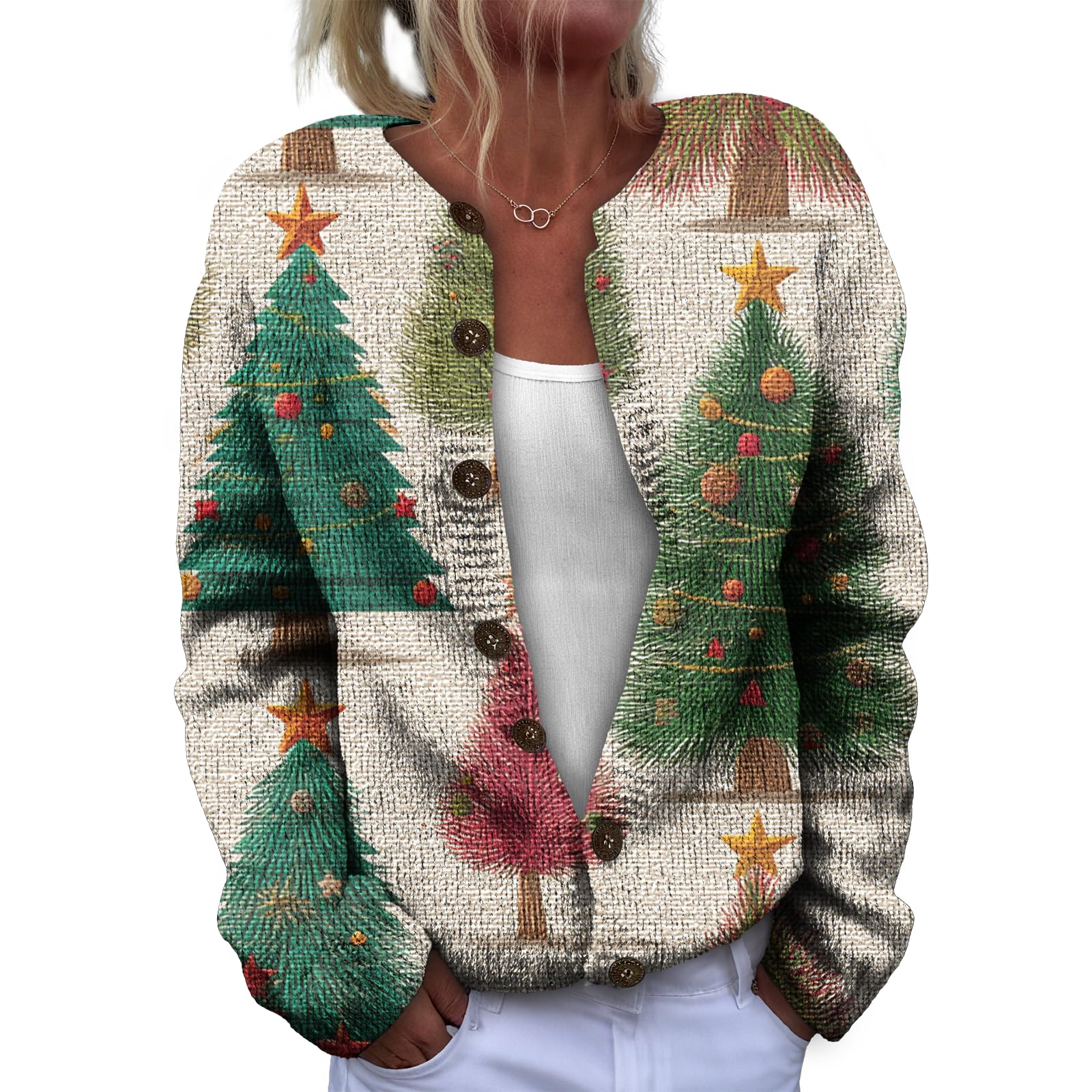 Womens Christmas Cardigan Sweaters Cute Christmas Tree Print Button Down Sweater Loose Fit Winter Open Front Sweaters