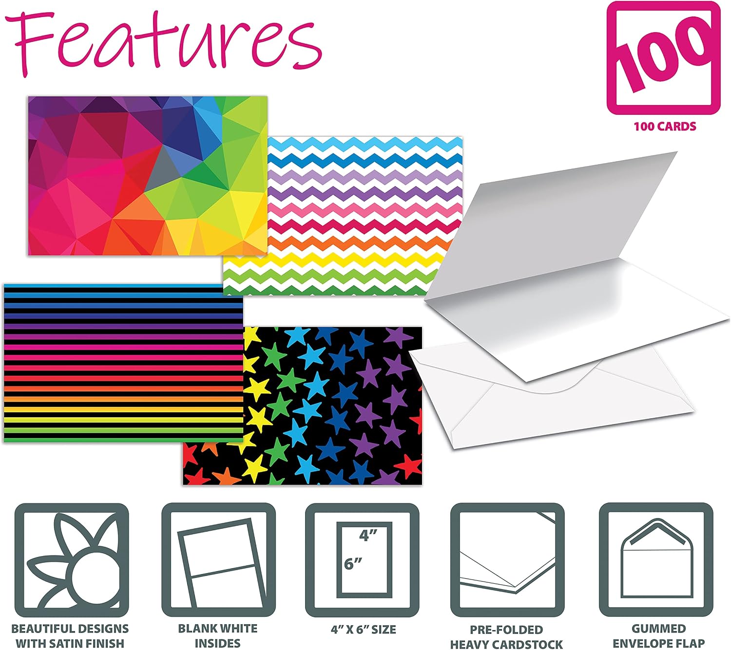 Better Office Products 100-Pack All Occasion Greeting Cards, Assorted Blank Note Cards, 4 x 6 inch, 6 Bright Shape Designs, Blank Inside, with Envelopes, 100 Pack…