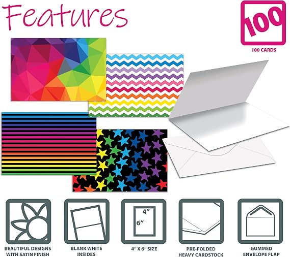 Better Office ProductsBetter Office Products Greeting Card for Every Occasion Assorted Blank Note Card 4 x 6 Inch 6 Bright Shape Design Blank Inside Pack of 100 with Envelope