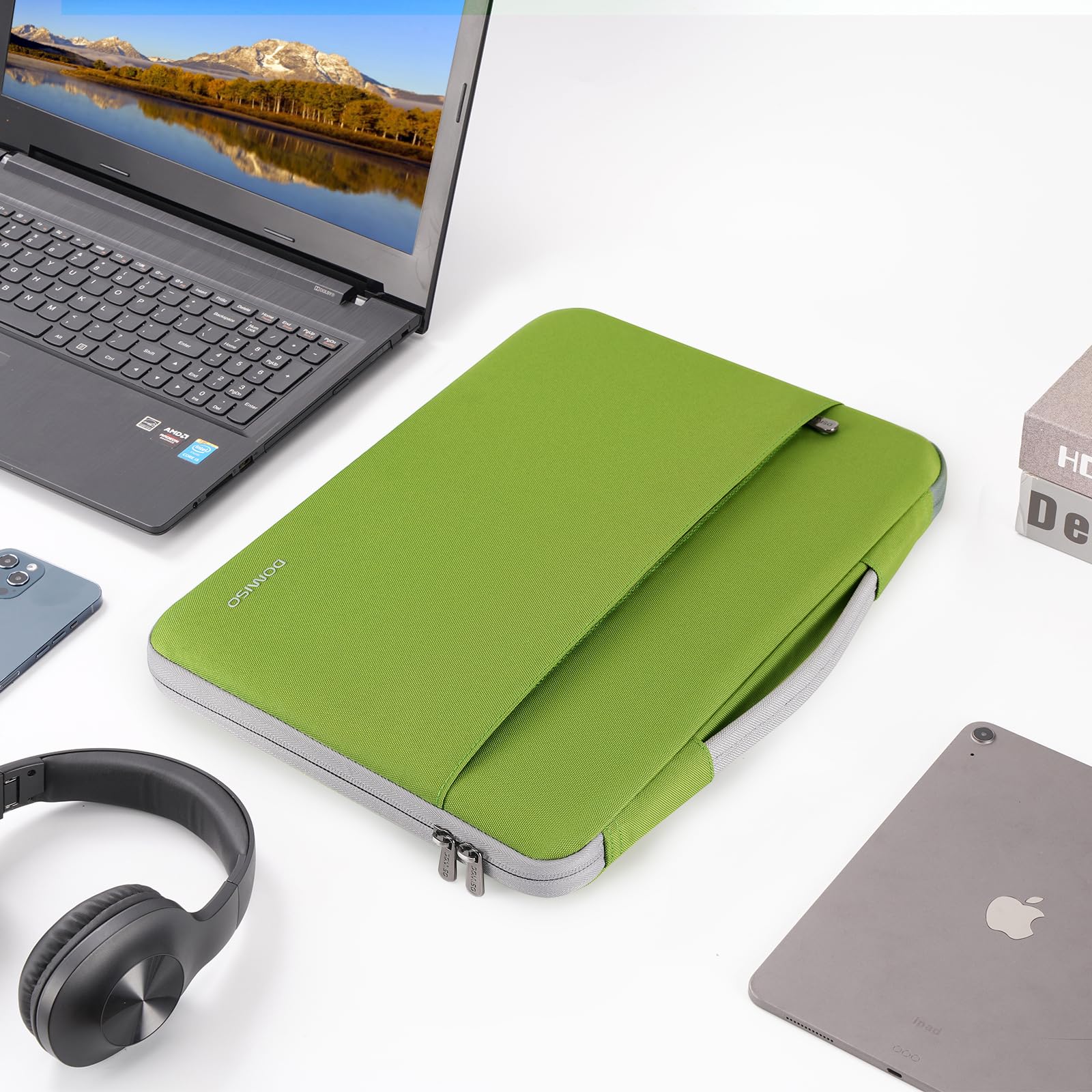 DOMISO 17.3 Pulgada Funda Ordenador Portátil Impermeable Protectora Bolsa con asa Portátil para 17.3" Dell/MSI/Lenovo IdeaPad 300 320 321/HP ENVY 17/LG Gram 17"/ASUS ROG STRIX GL702VS,Verde Hierba