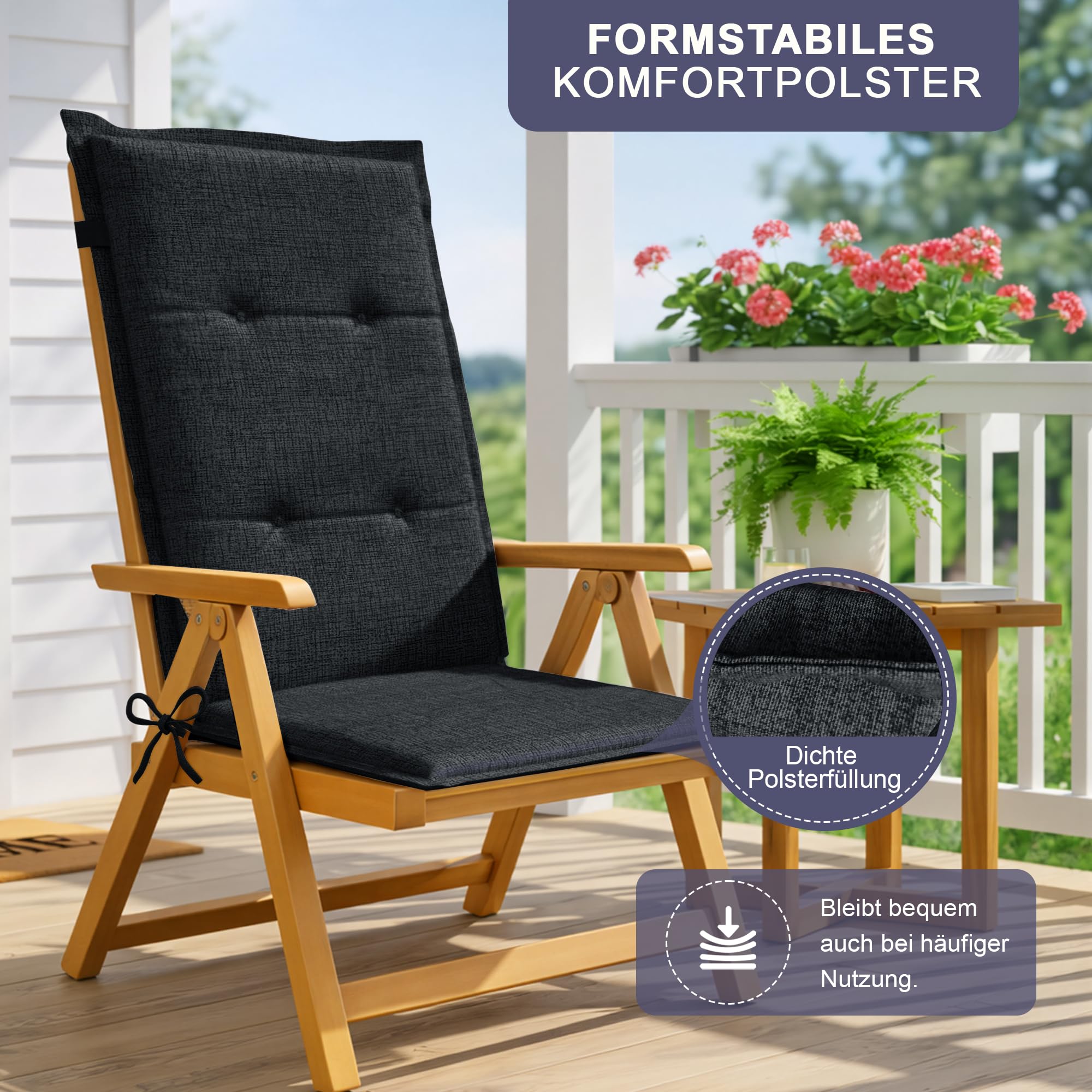 Relexo Premium - Hochlehner Auflage Gartenstuhl Stuhlauflage mit Polster, Outdoor Sitzkissen & Stuhlkissen für Gartenmöbel Auflage wetterfest, Sitzkissen bequem (Anthrazit, 4er Set)