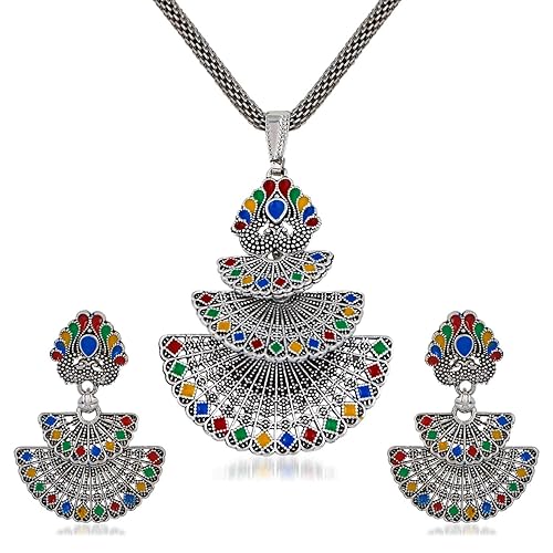 Apara Mint Meena Silver Plated Oxidised Multicolour Pendant Chain Earring Set Jewellery for Girls/Women