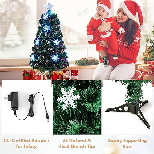 Miniatura 5 de Goplus Árbol de Navidad de fibra óptica preiluminado de 6 pies, árbol completo de Navidad artificial con coloridas luces LED de copo de nieve, 220