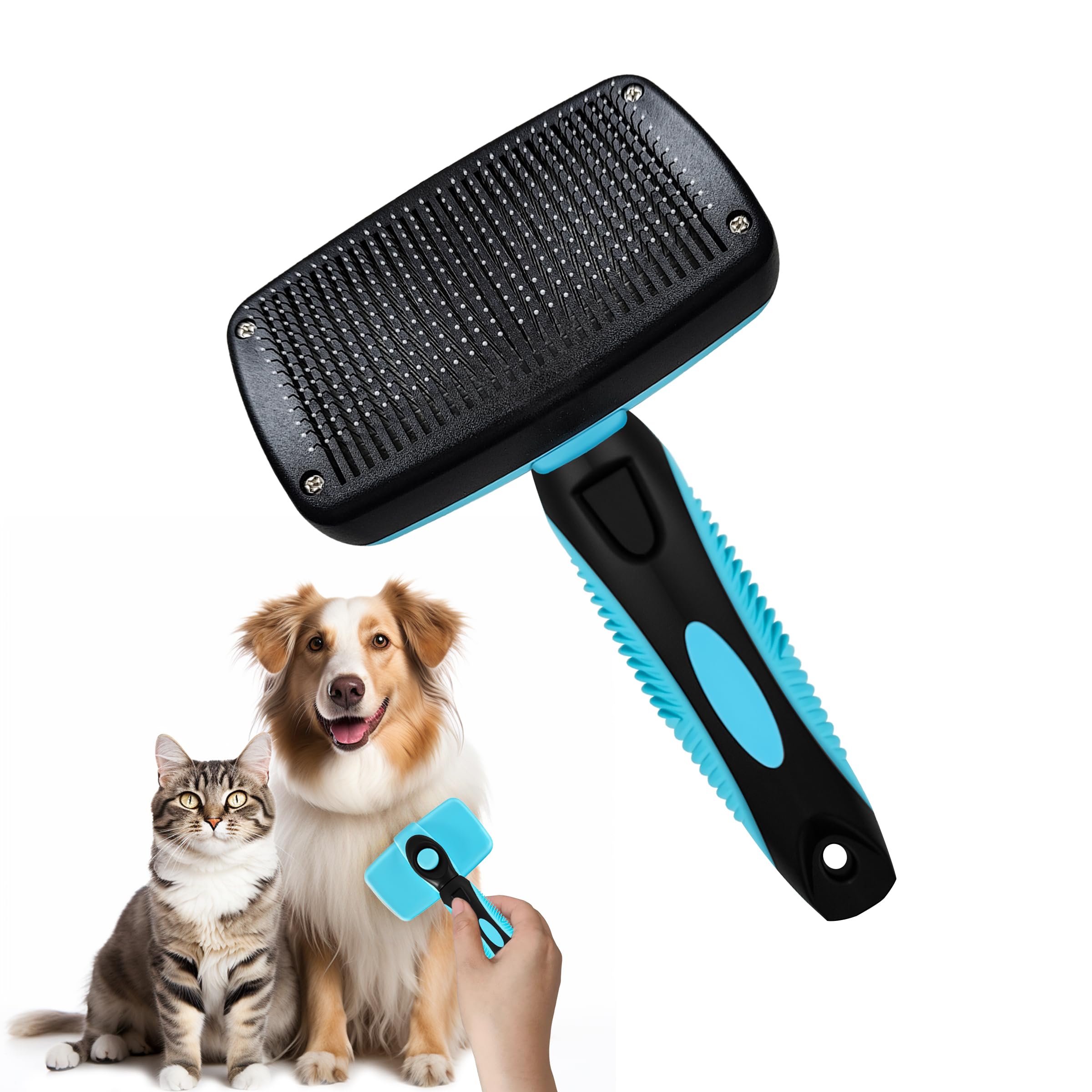 Qianruida Self Cleaning Slicker Brush for Grooming Long-haired or Short-haired Cats and Dogs Pet Brush for Shedding for Removing Undercoat and Tangled Hairs, Light Blue