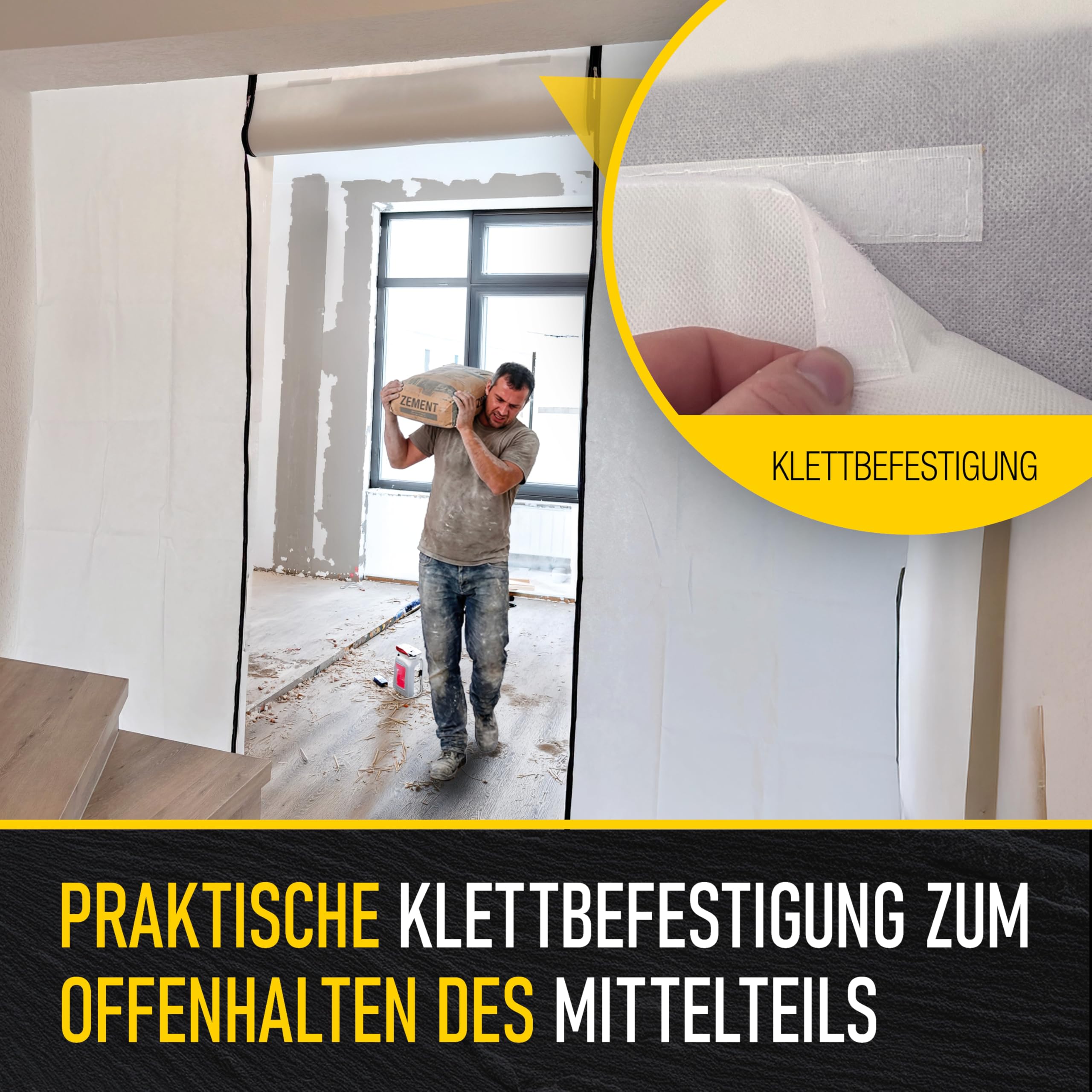 ELITE Staubschutzwand – 3,3 m x 3,2 m Profi-Qualität mit Transportbeutel und 2 Rollen Spezial-Klebeband, atmungsaktiver Vliesstoff, inkl. weißem Cuttermesser, Bautür, Staubschutztür, Schmutzschleuse