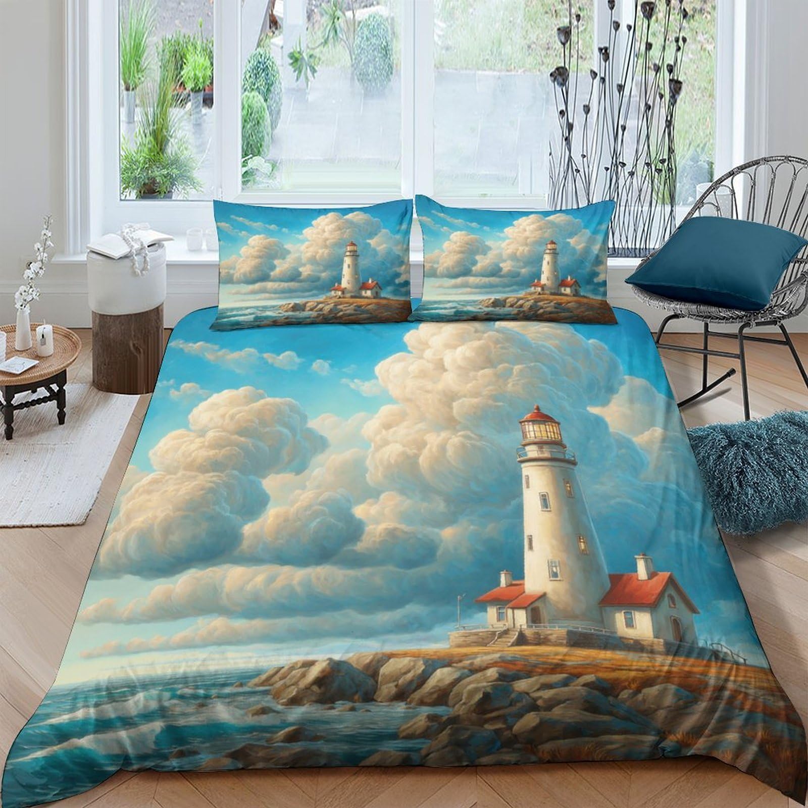 Ctjqhvkz Style-10 3D Printed Lighthouse Sky Fitted Sheet Microfiber Ocean Cloud Mattress Cover For Bedroom Guest Room Easy Care Decor Single（135X200cm）