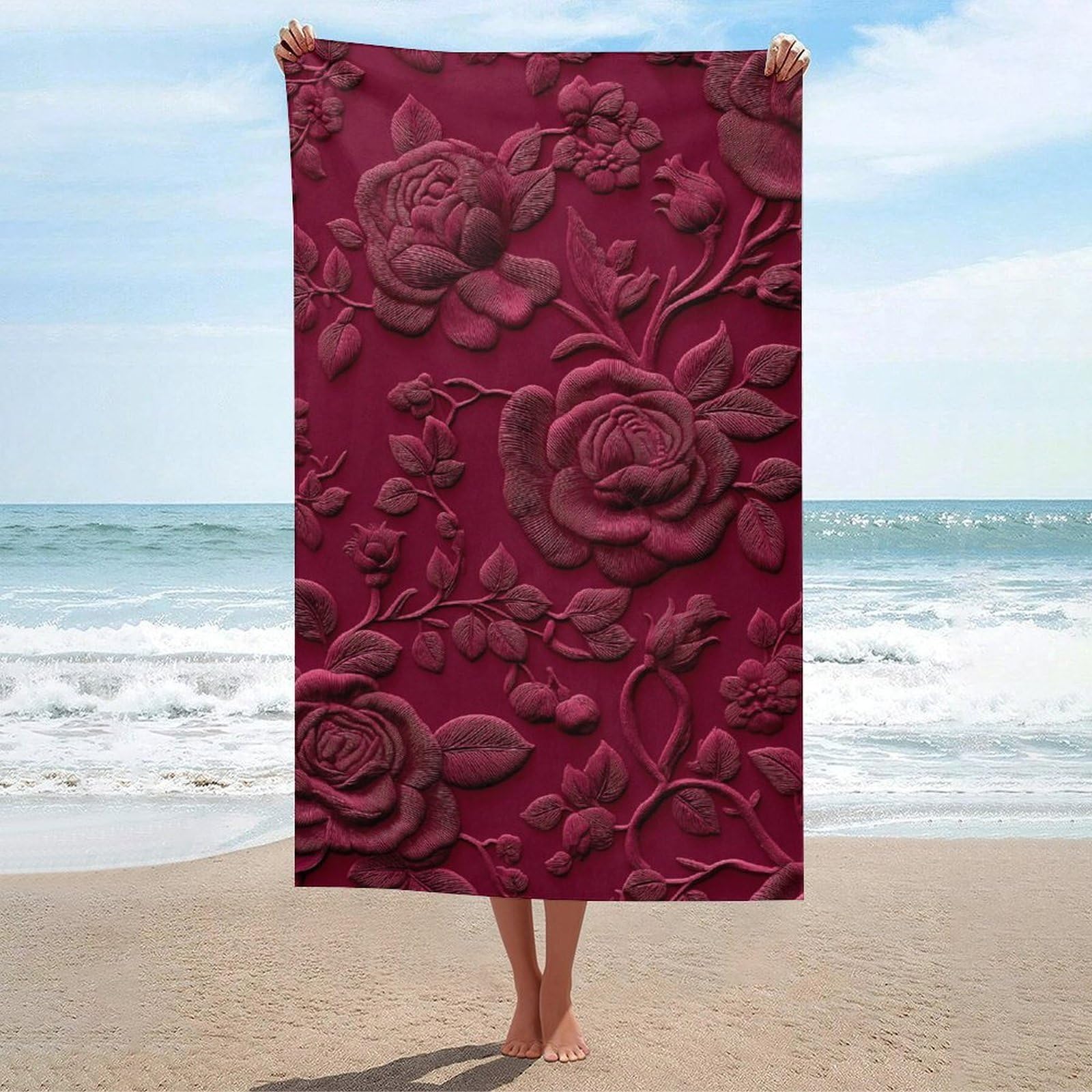 asbwuo Deep Burgundy Chinese Roses Floral Motif Beach Towel