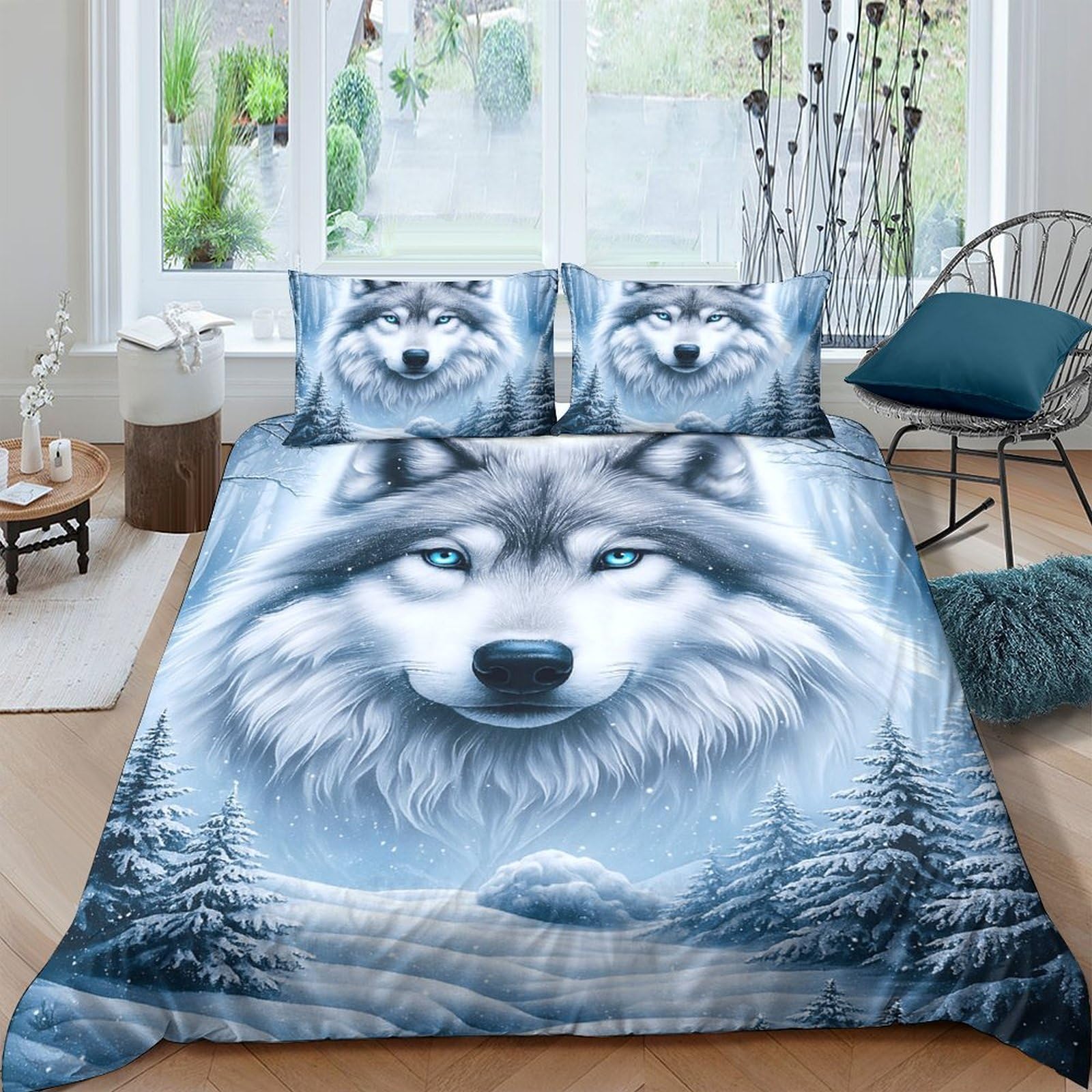 Ctjqhvkz Style-8 3D Printed Wolf Forest Fitted Sheet Microfiber Soft Bedroom Decor Blue Winter Landscape Mattress Cover Single（135X200cm）