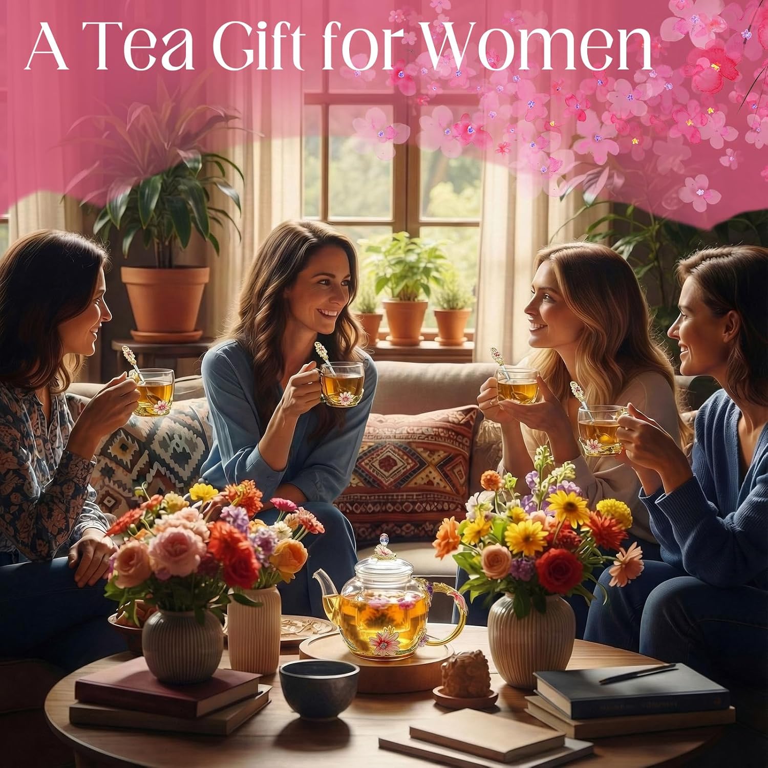 Maxdot 5 Pcs Floral Glass Tea Set with Teapot and Infuser, 51 oz Vintage Flower Teapot with 4 Daisy Enamel Cups 11 oz and Spoons, Tea Party Set, Gift for Women Mom Grandma