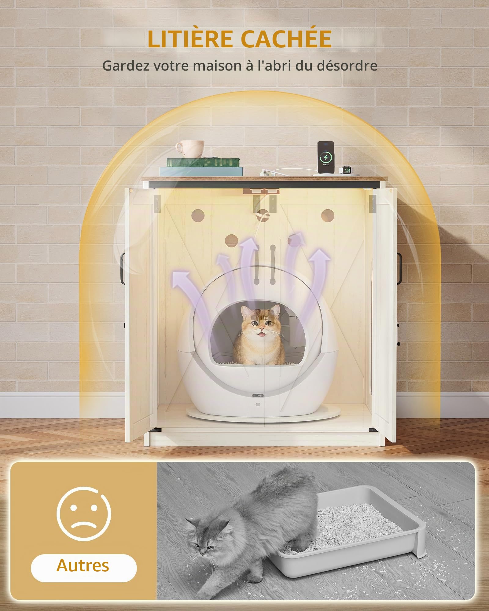 Hzuaneri Meuble Litiere Chat, 82 × 70 × 90 cm, Maison de Toilette Chat Dissimulant, Prise Électrique et Serrure, Convient aux Bacs Litiere Chat Autonettoyante, Marron Rustique et Blanc CB86114XEU