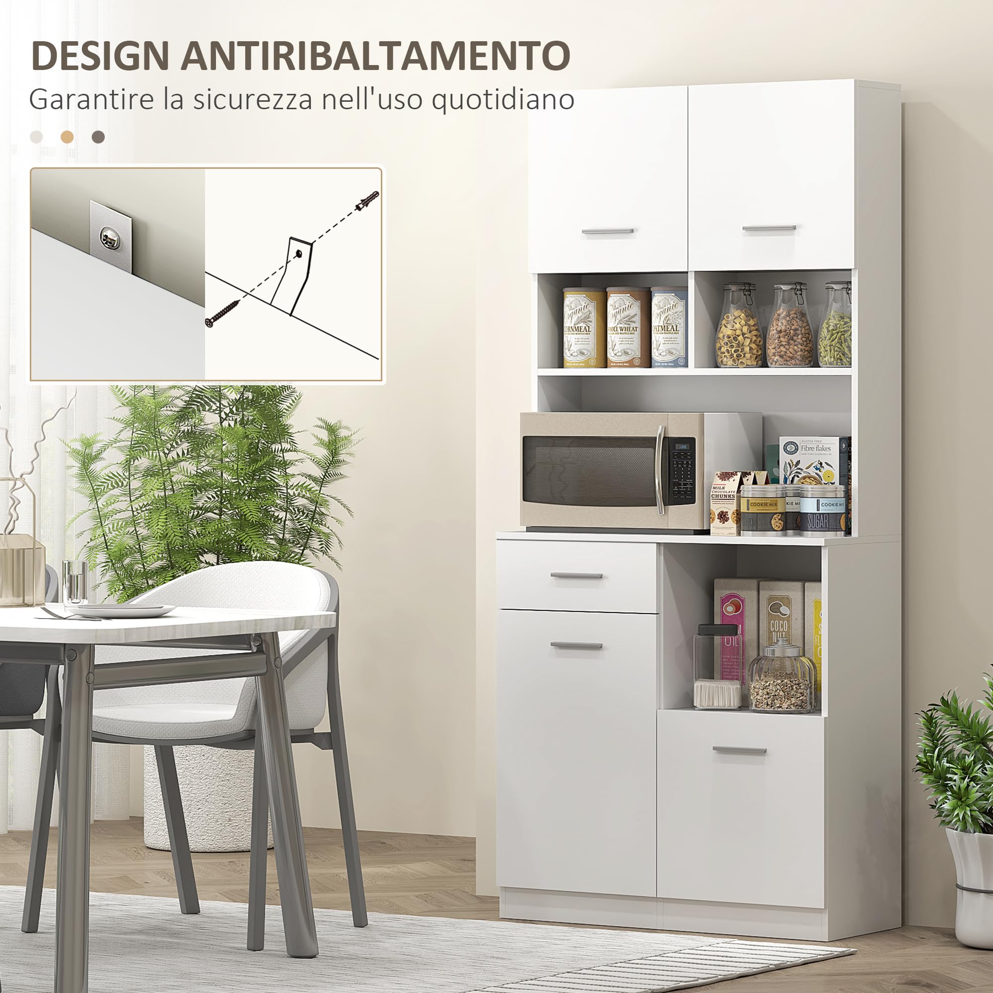 HOMCOM Credenza Cucina Alta con Cassetto 4 Armadietti 80x35x180 cm Bianco | 3 Scomparti Aperti, Mobile Dispensa, Ripiano Regolabile in Legno, per Soggiorno e Cucina