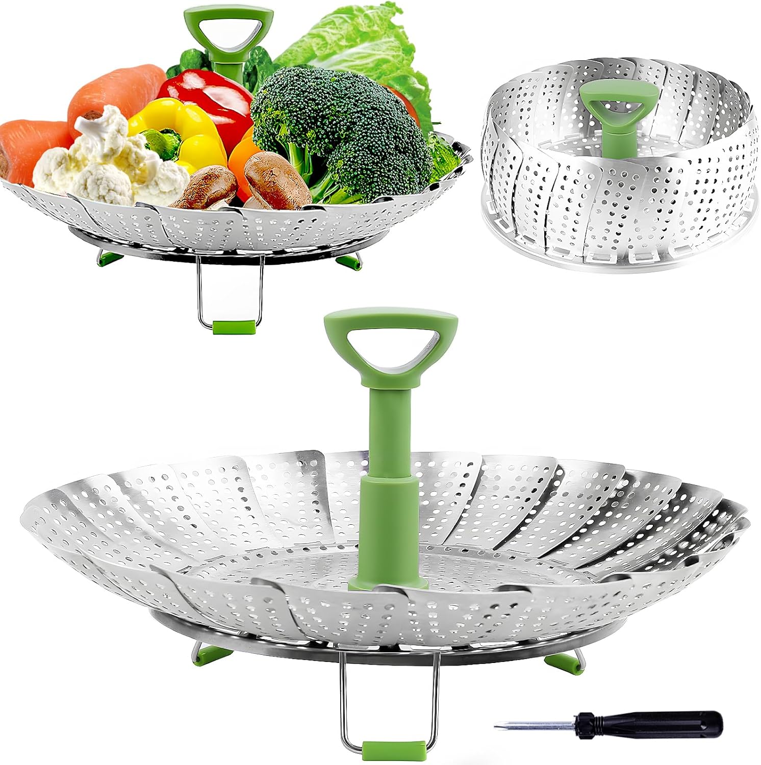 Consevisen Stainless Steel Expandable Vegetable Steamer Basket, Collapsible Veggie Steamer for Pots 5.1-9" with Extendable Handle