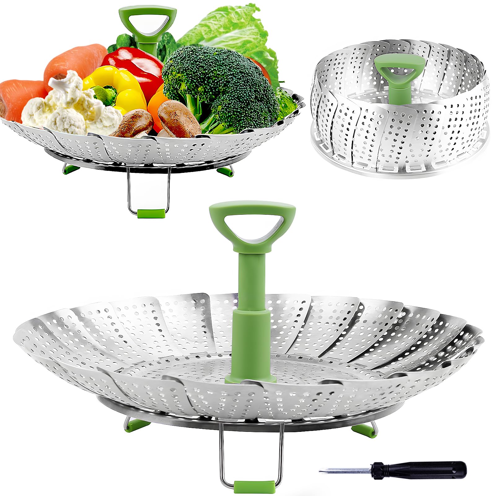 Consevisen Vegetable Steamer Basket for Cooking Food, Stainless Steel Veggie Steam Basket for Pot, Folding Expandable Steaming Insert with Extendable Handle Fits Various Size Pot, 5.1" to 9"